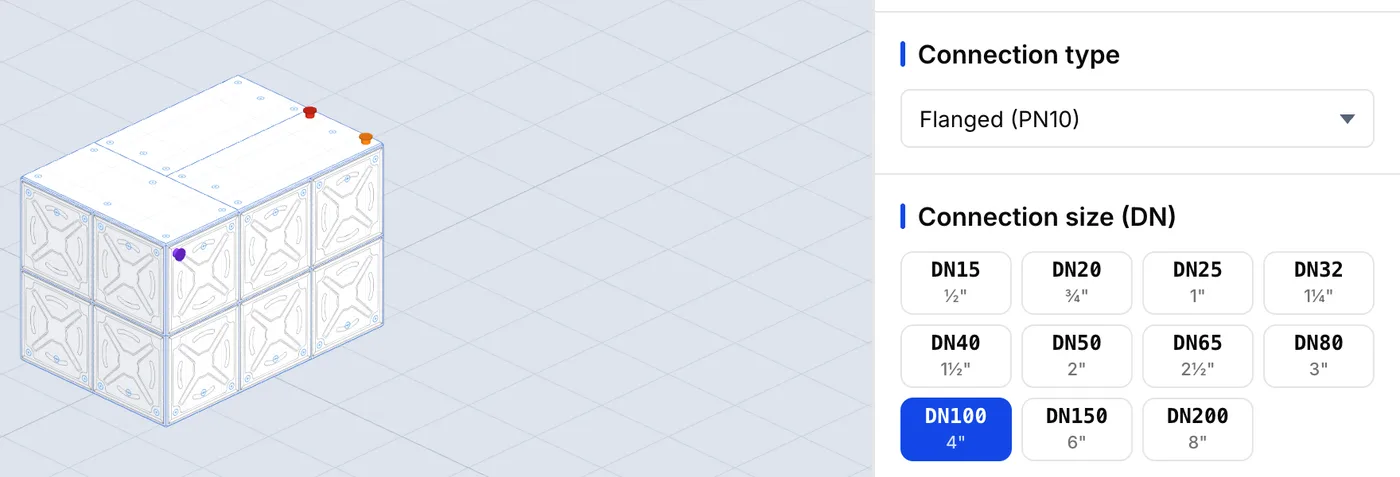 WaterForm configurator: a bolted panel tank model beside the connection types, the DN sizes and the list of connections placed on it