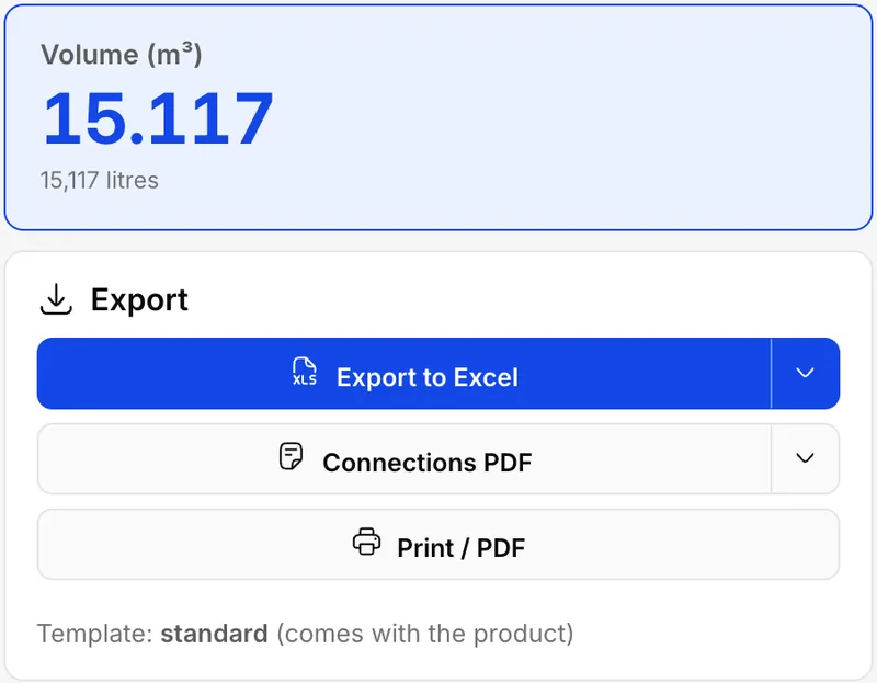 WaterForm engineering view: the tank's volume, 15.117 m³, above the export buttons for the Excel analysis and the inlet and outlet PDF