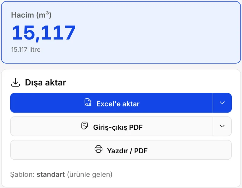WaterForm mühendislik ekranı: deponun hacmi, 15,117 m³, altında Excel analizini ve giriş-çıkış PDF'ini dışa aktaran düğmeler